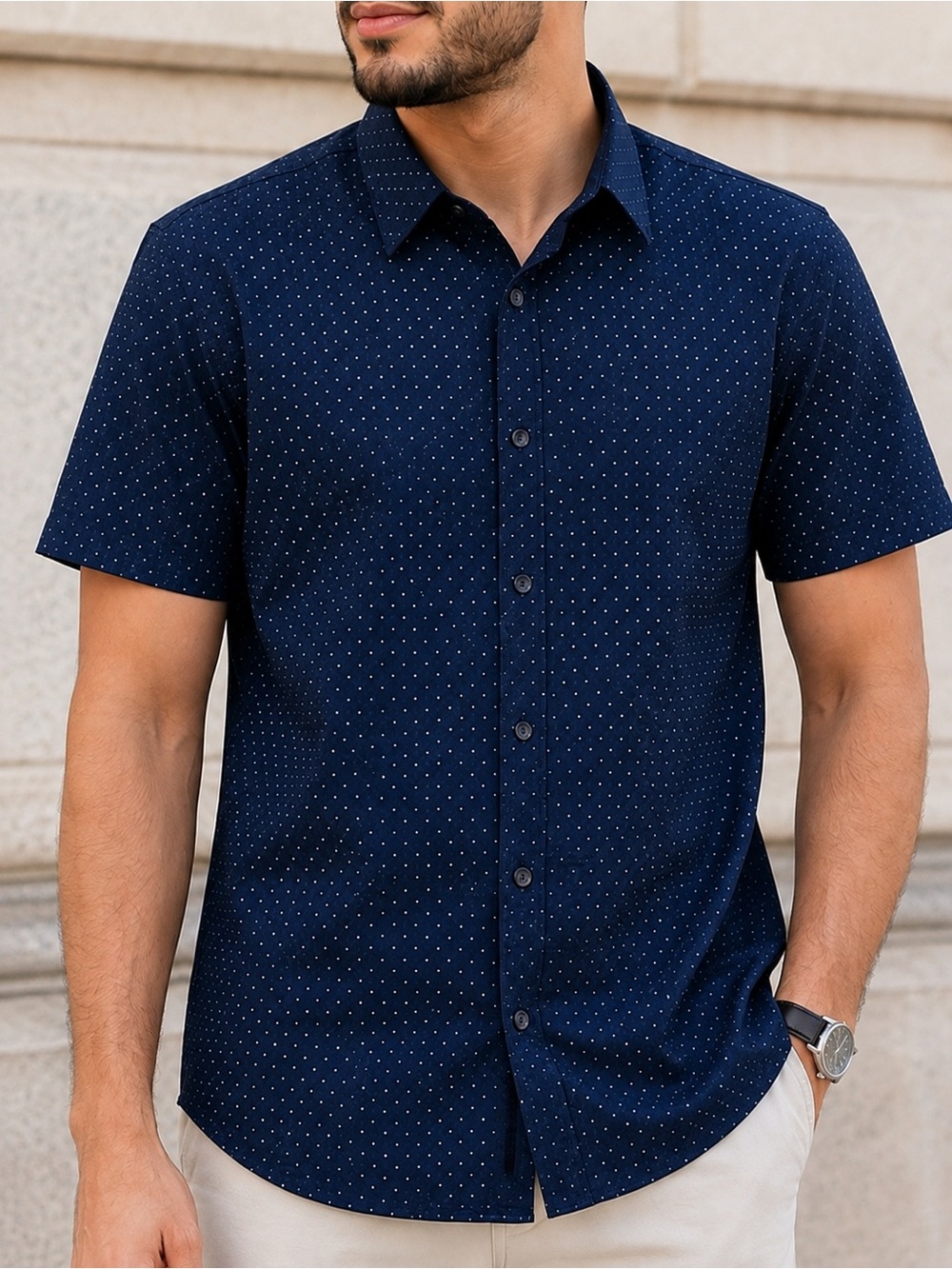 Men's Navy Short-Sleeve Microdot Button-Down Shirt